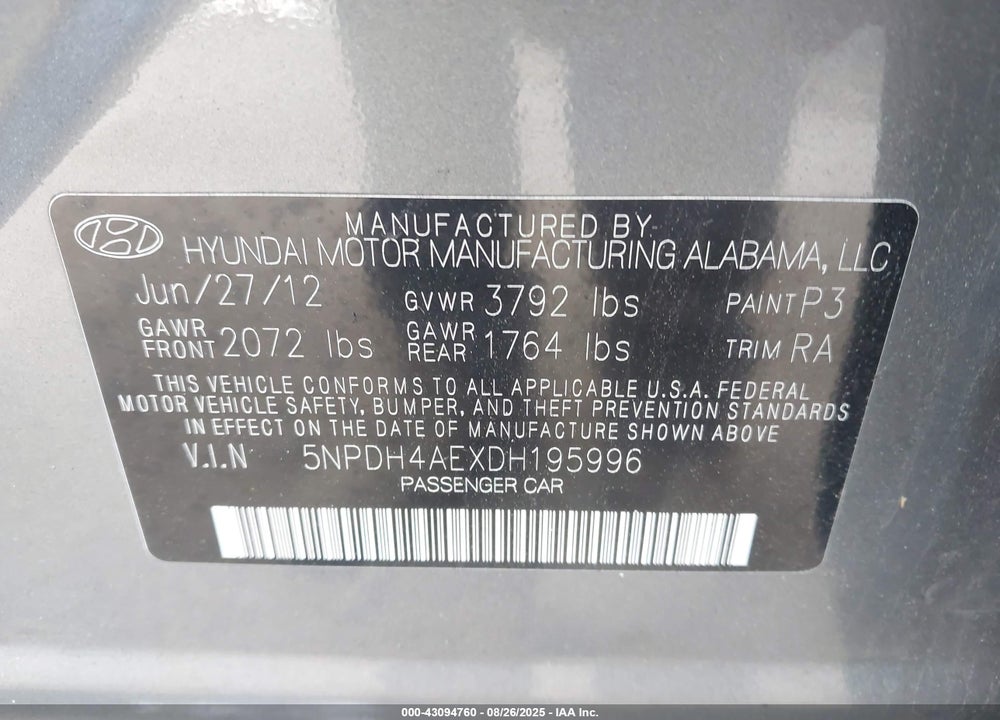 2013 HYUNDAI ELANTRA VIN: 5NPDH4AEXDH195996