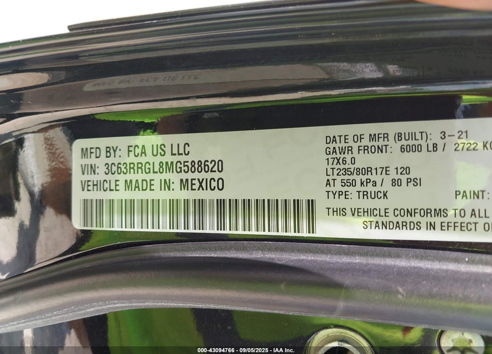 2021 RAM 3500 TRADESMAN  4X4 8' BOX VIN: 3C63RRGL8MG588620
