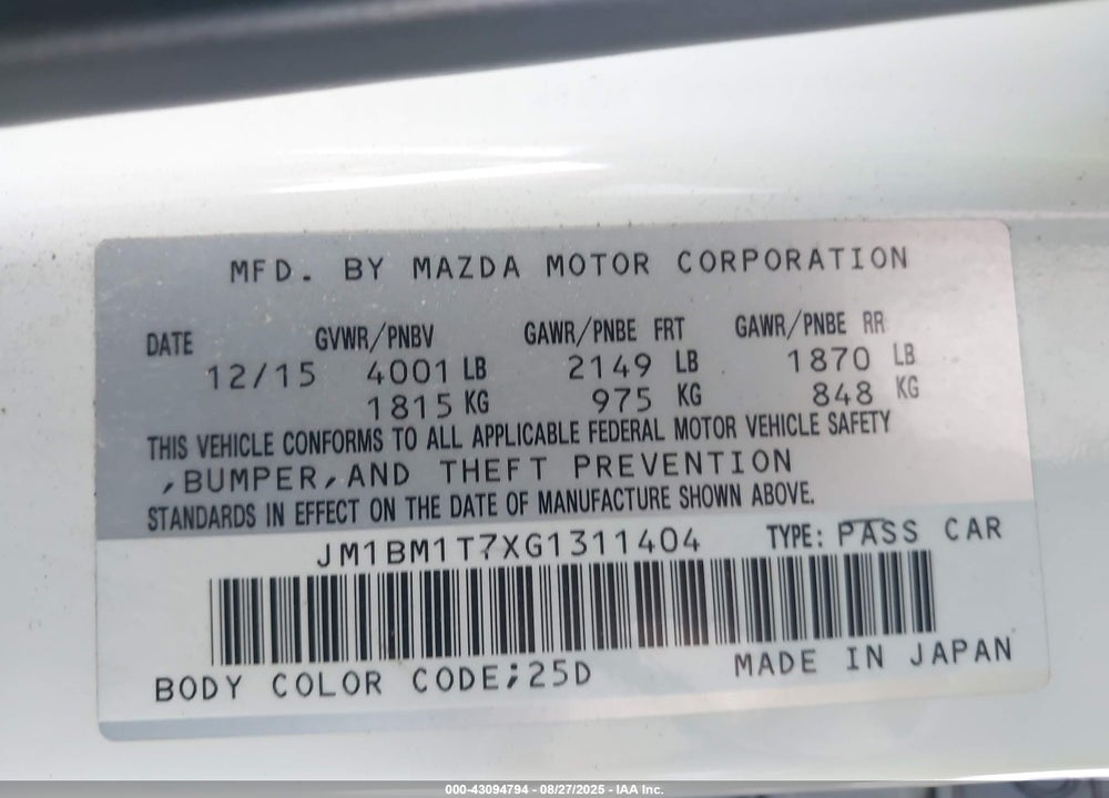 2016 MAZDA 3 VIN: JM1BM1T7XG1311404