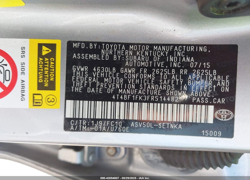 2015 TOYOTA CAMRY VIN: 4T4BF1FK3FR514482