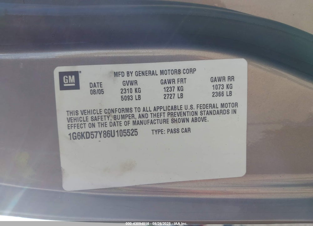 2006 CADILLAC DTS STANDARD VIN: 1G6KD57Y86U105525
