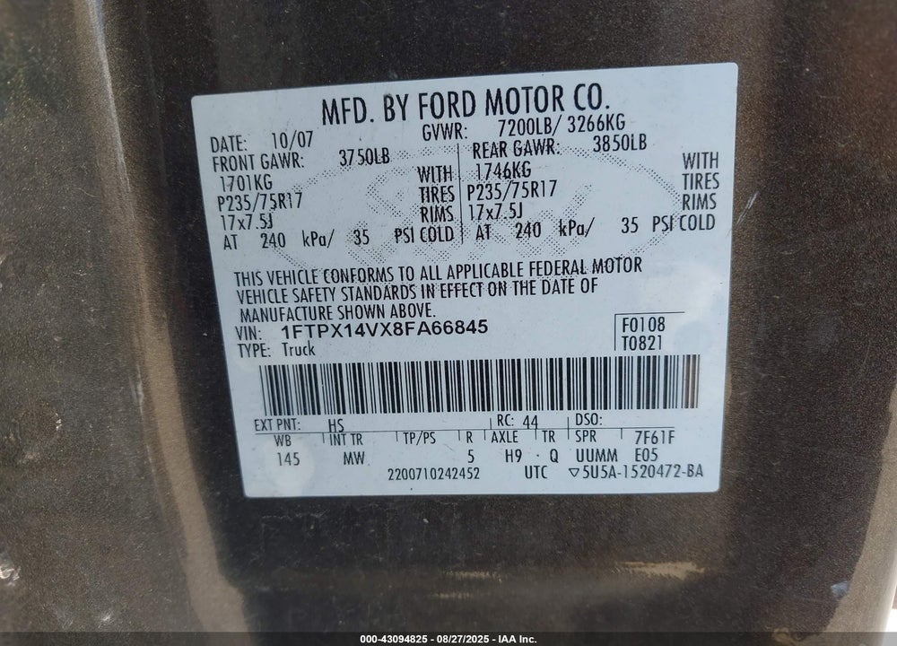 2008 FORD F-150 FX4/LARIAT/XL/XLT VIN: 1FTPX14VX8FA66845