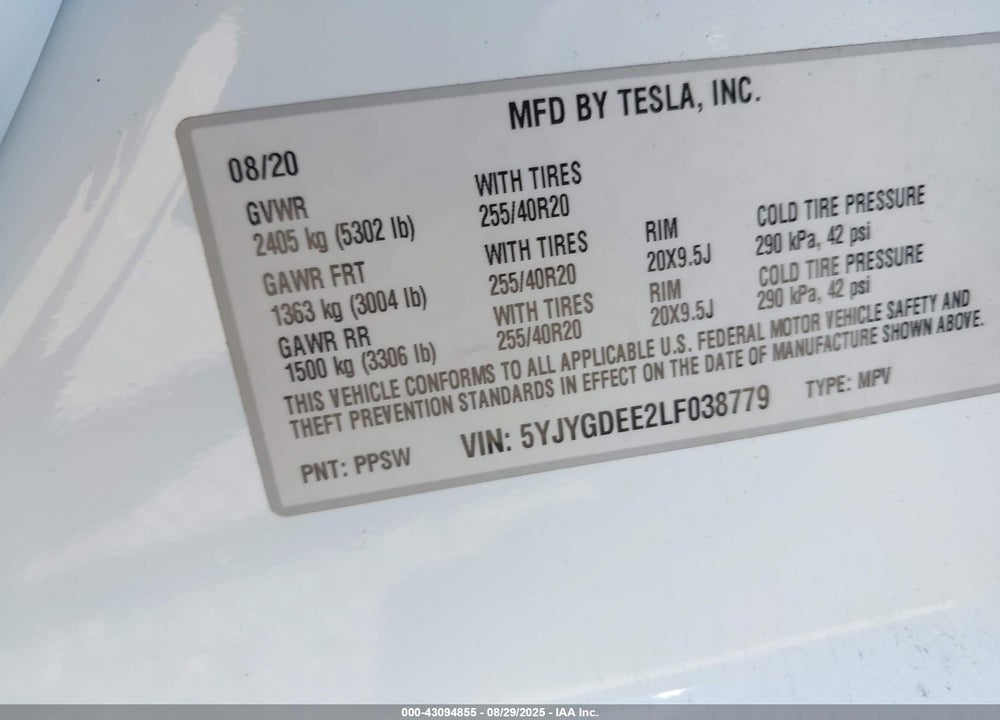 2020 TESLA MODEL Y LONG RANGE DUAL MOTOR ALL-WHEEL DRIVE VIN: 5YJYGDEE2LF038779