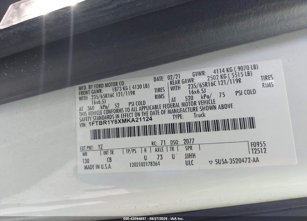 2021 FORD TRANSIT-250 VIN: 1FTBR1Y8XMKA21124