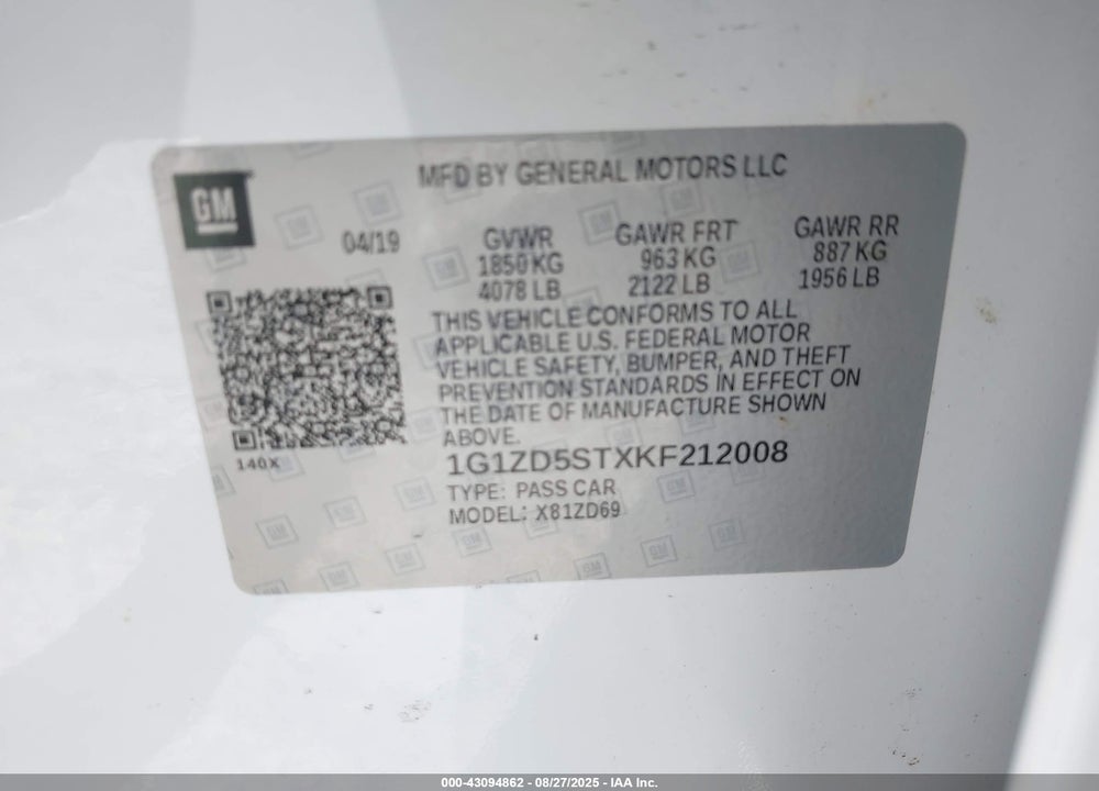 2019 CHEVROLET MALIBU VIN: 1G1ZD5STXKF212008