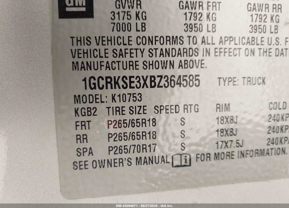 2011 CHEVROLET SILVERADO 1500 VIN: 1GCRKSE3XBZ364585