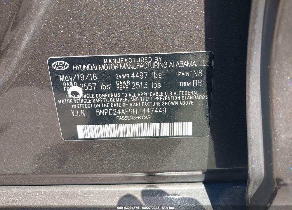 2017 HYUNDAI SONATA VIN: 5NPE24AF9HH447449