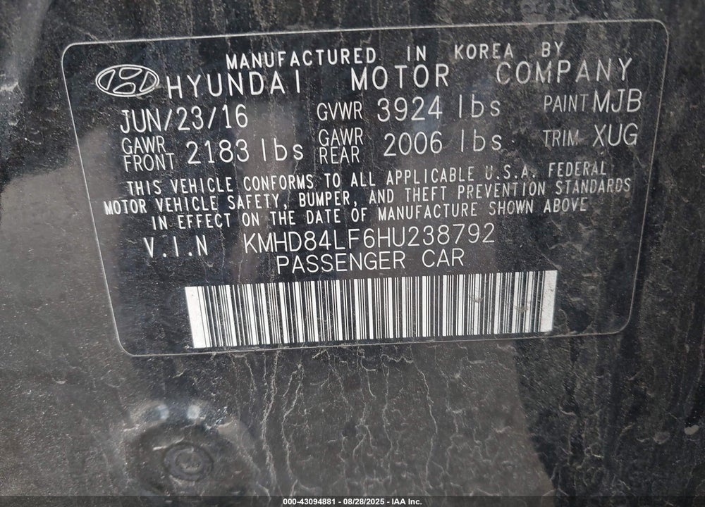 2017 HYUNDAI ELANTRA VIN: KMHD84LF6HU238792