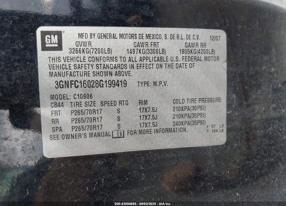 2008 CHEVROLET SUBURBAN 1500 VIN: 3GNFC16028G199419
