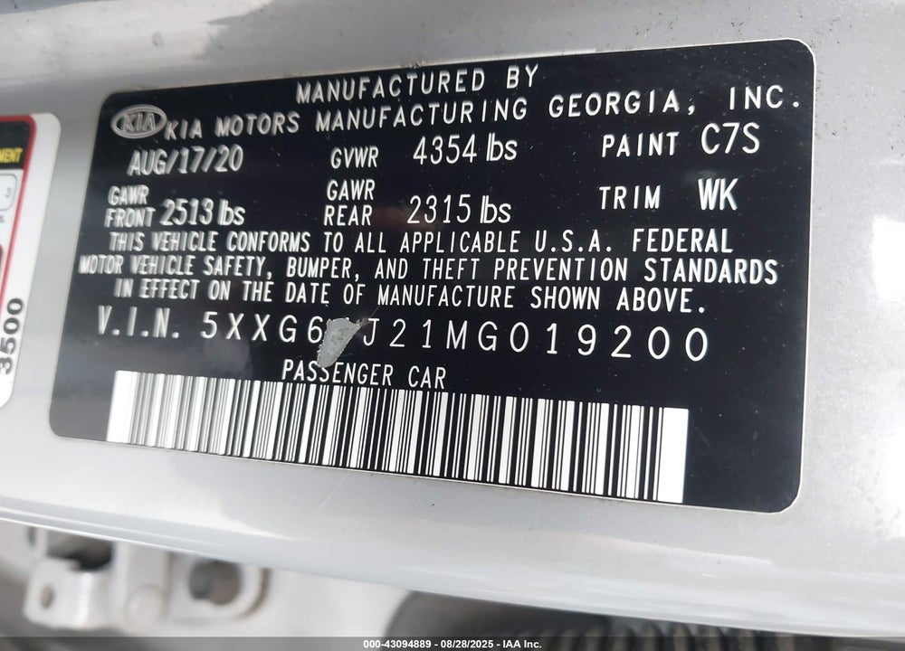 2021 KIA K5 GT LINE VIN: 5XXG64J21MG019200