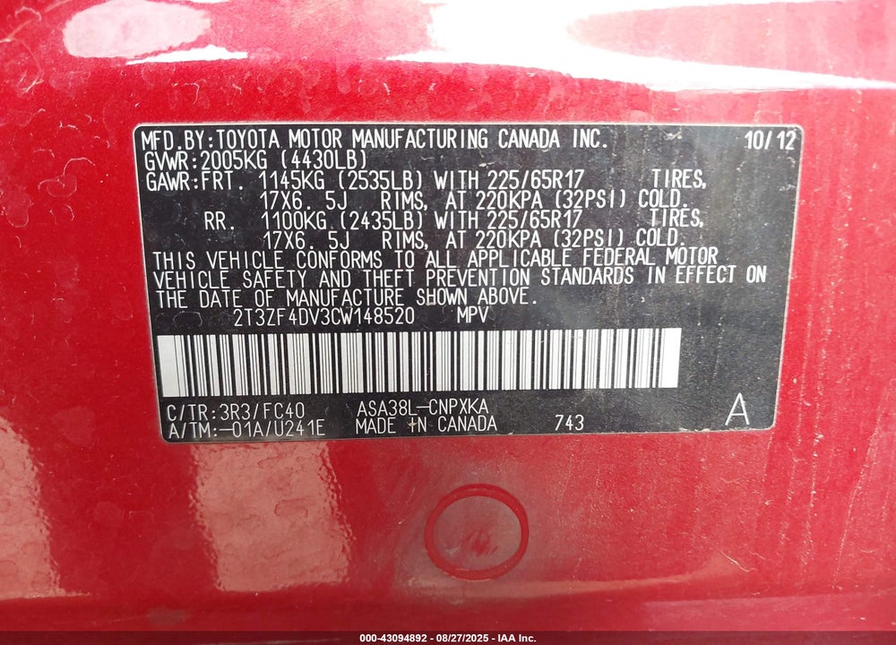 2012 TOYOTA RAV4 VIN: 2T3ZF4DV3CW148520