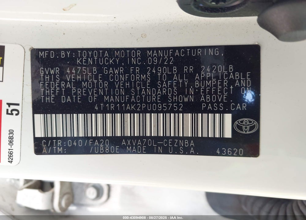 2023 TOYOTA CAMRY VIN: 4T1R11AK2PU095752