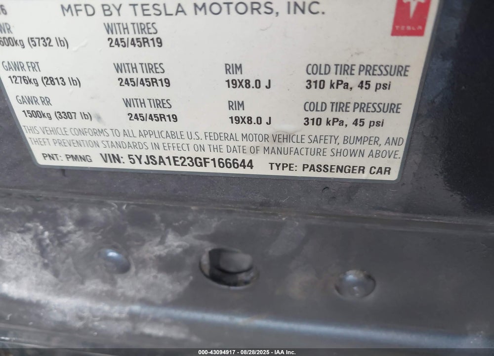 2016 TESLA MODEL S 60D/70D/75D/85D/90D VIN: 5YJSA1E23GF166644