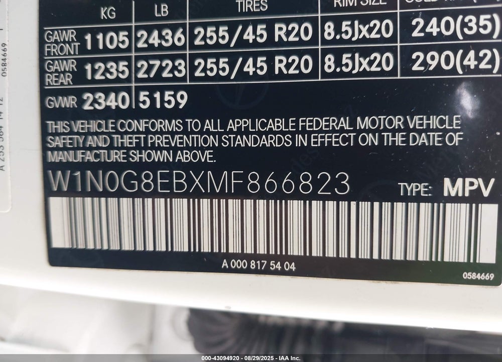 2021 MERCEDES-BENZ GLC CLASS VIN: W1N0G8EBXMF866823