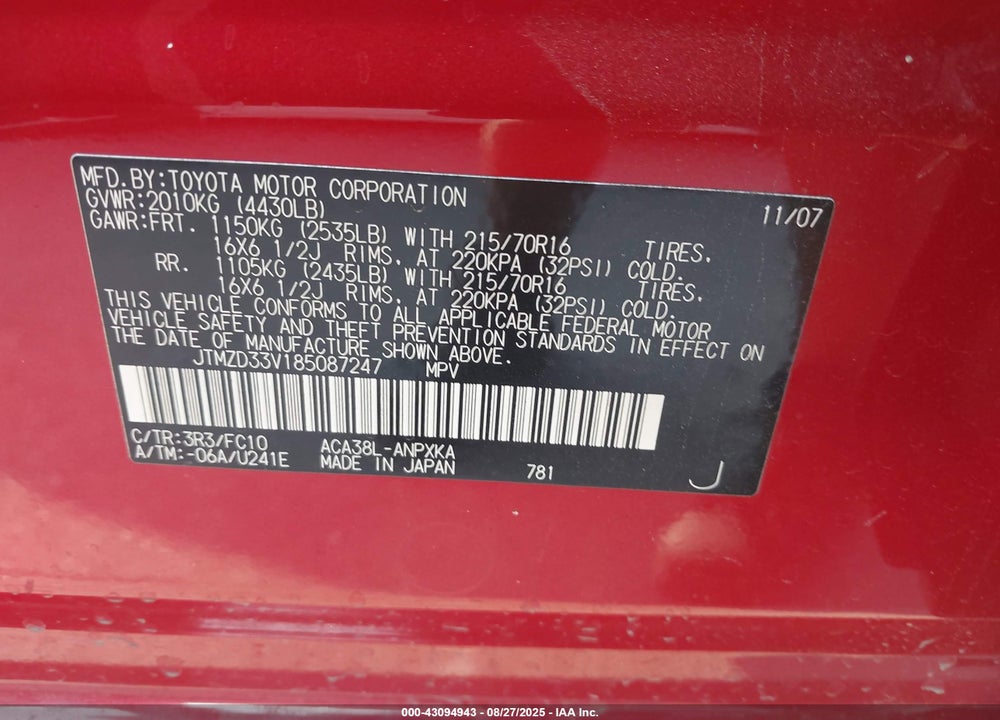 2008 TOYOTA RAV4 VIN: JTMZD33V185087247