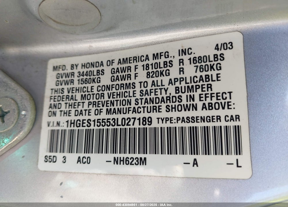 2003 HONDA CIVIC LX VIN: 1HGES15553L027189