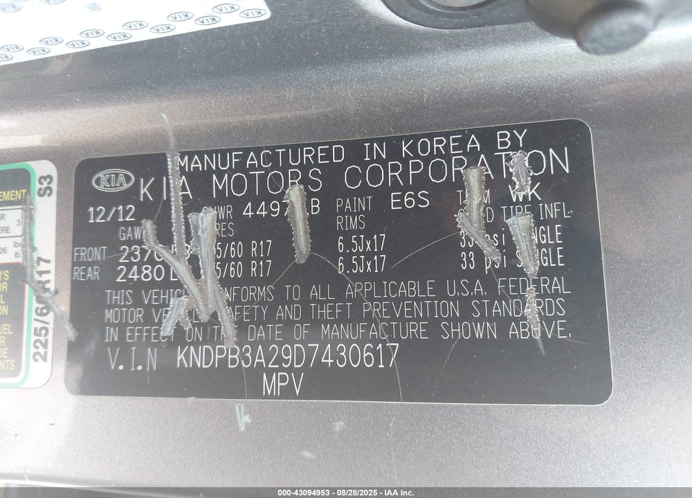 2013 KIA SPORTAGE VIN: KNDPB3A29D7430617