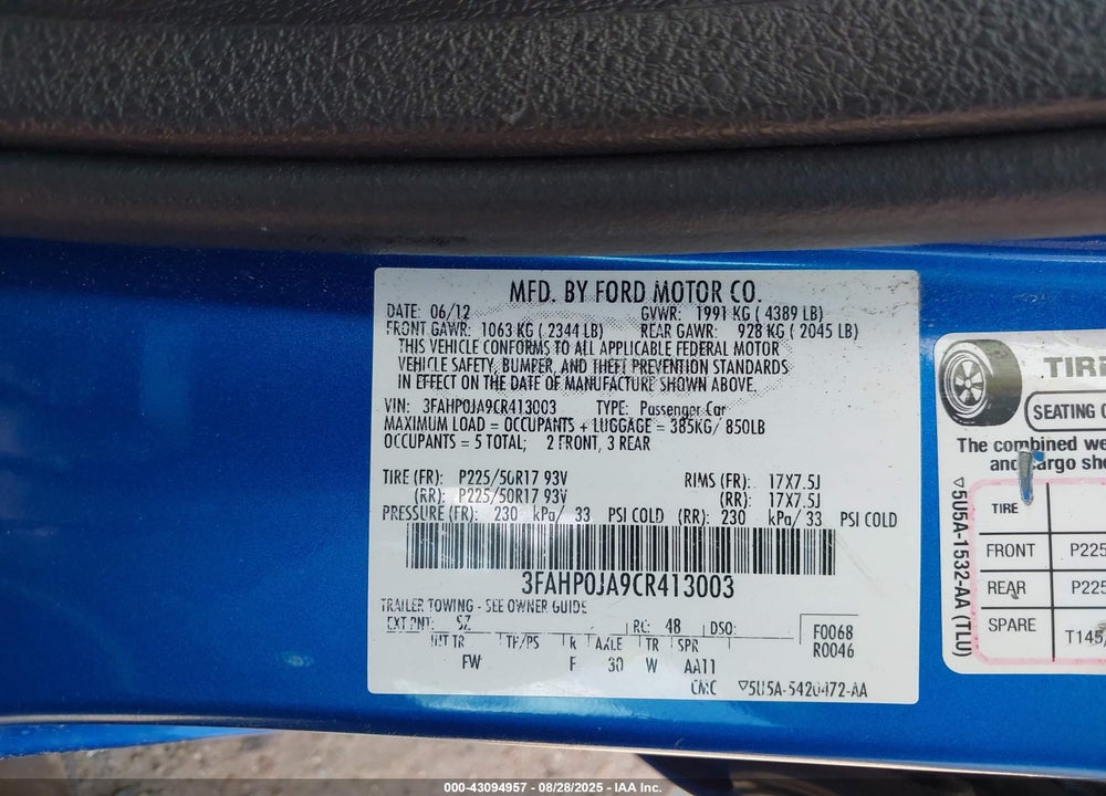 2012 FORD FUSION VIN: 3FAHP0JA9CR413003