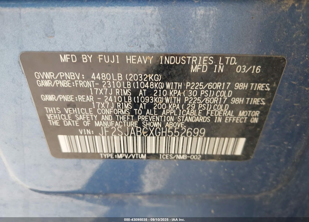 2016 SUBARU FORESTER 2.5I VIN: JF2SJABCXGH552699