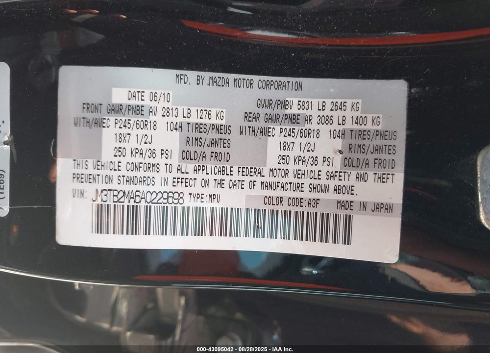 2010 MAZDA CX-9 VIN: JM3TB2MA6A0229698
