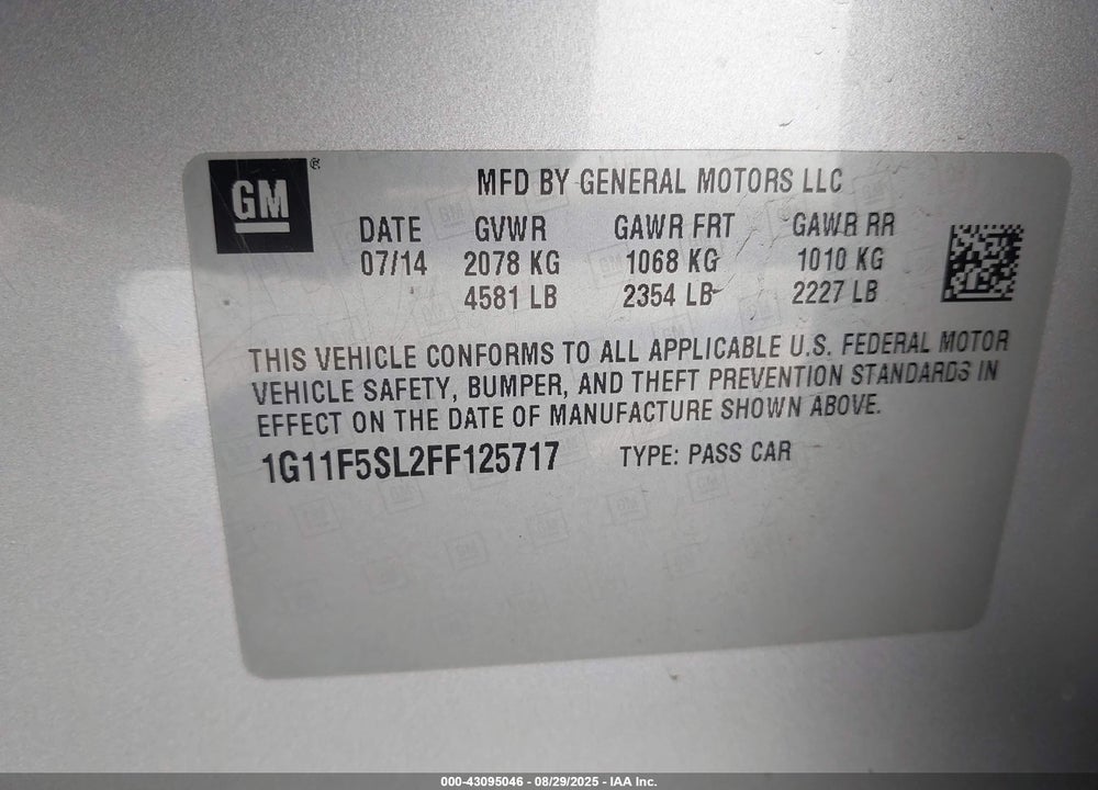 2015 CHEVROLET MALIBU VIN: 1G11F5SL2FF125717