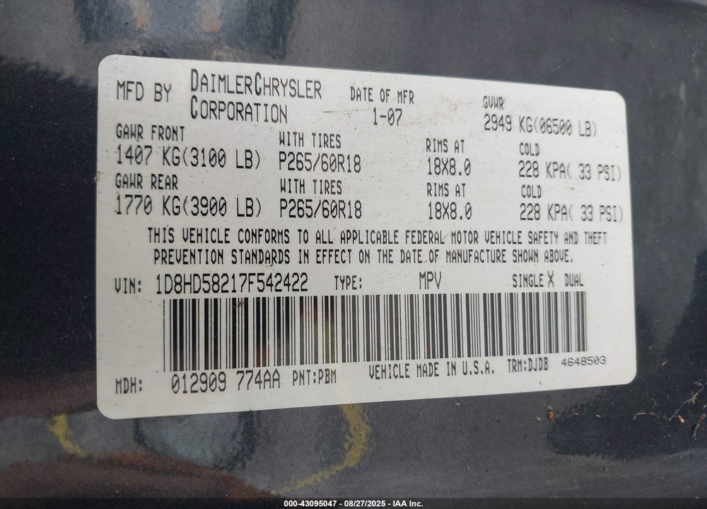 2007 DODGE DURANGO VIN: 1D8HD58217F542422