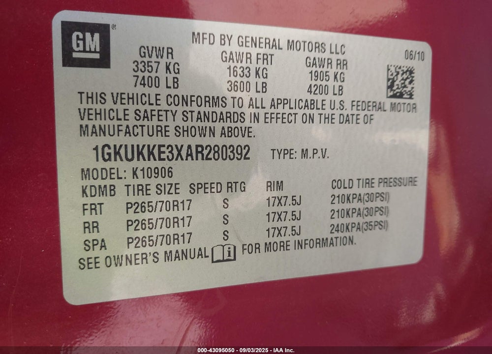 2010 GMC YUKON XL VIN: 1GKUKKE3XAR280392