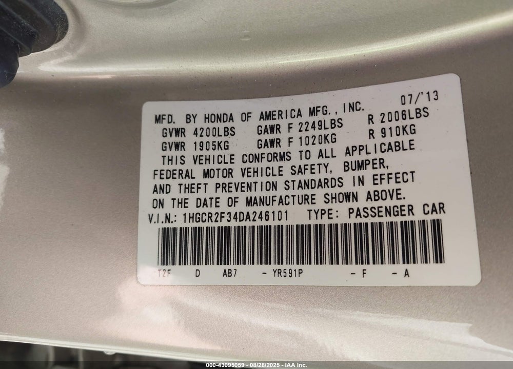 2013 HONDA ACCORD VIN: 1HGCR2F34DA246101