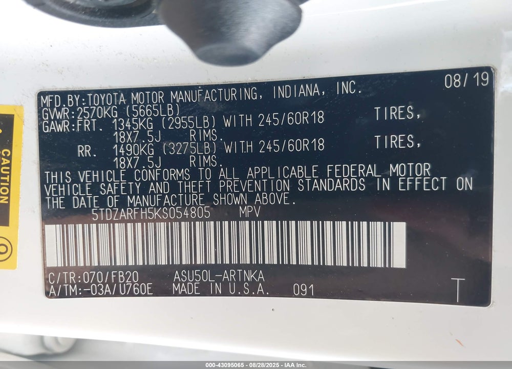 2019 TOYOTA HIGHLANDER VIN: 5TDZARFH5KS054805
