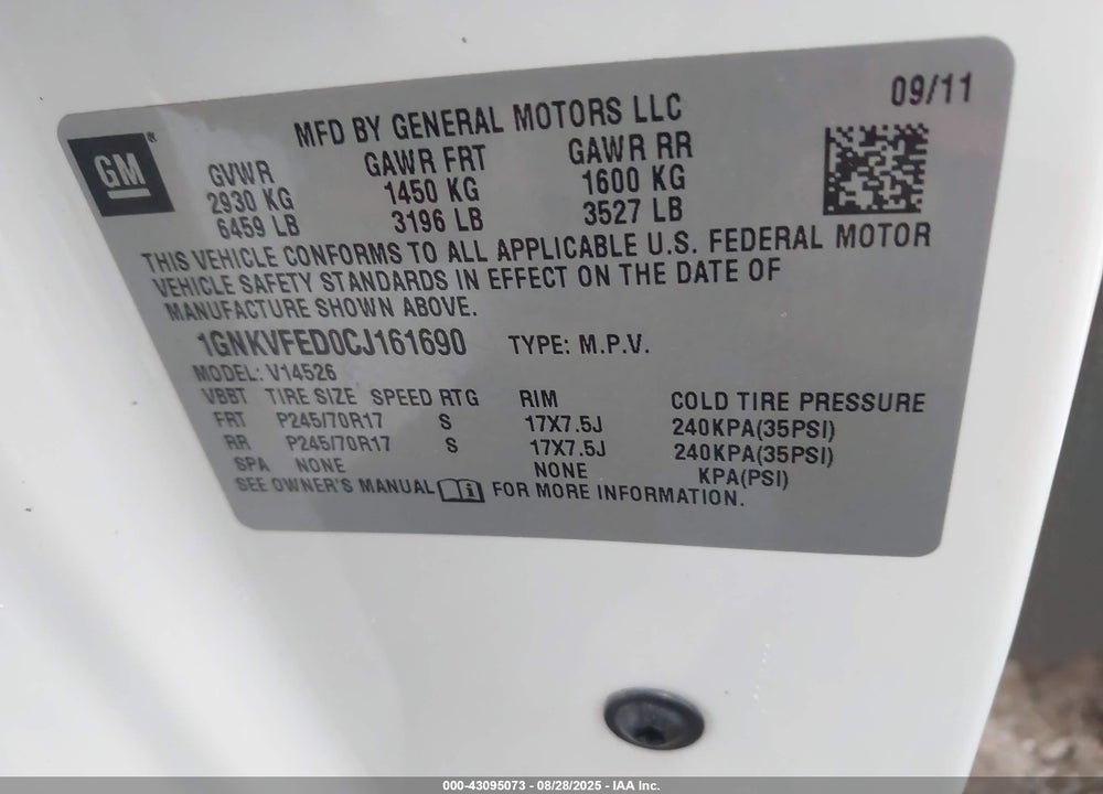 2012 CHEVROLET TRAVERSE VIN: 1GNKVFED0CJ161690