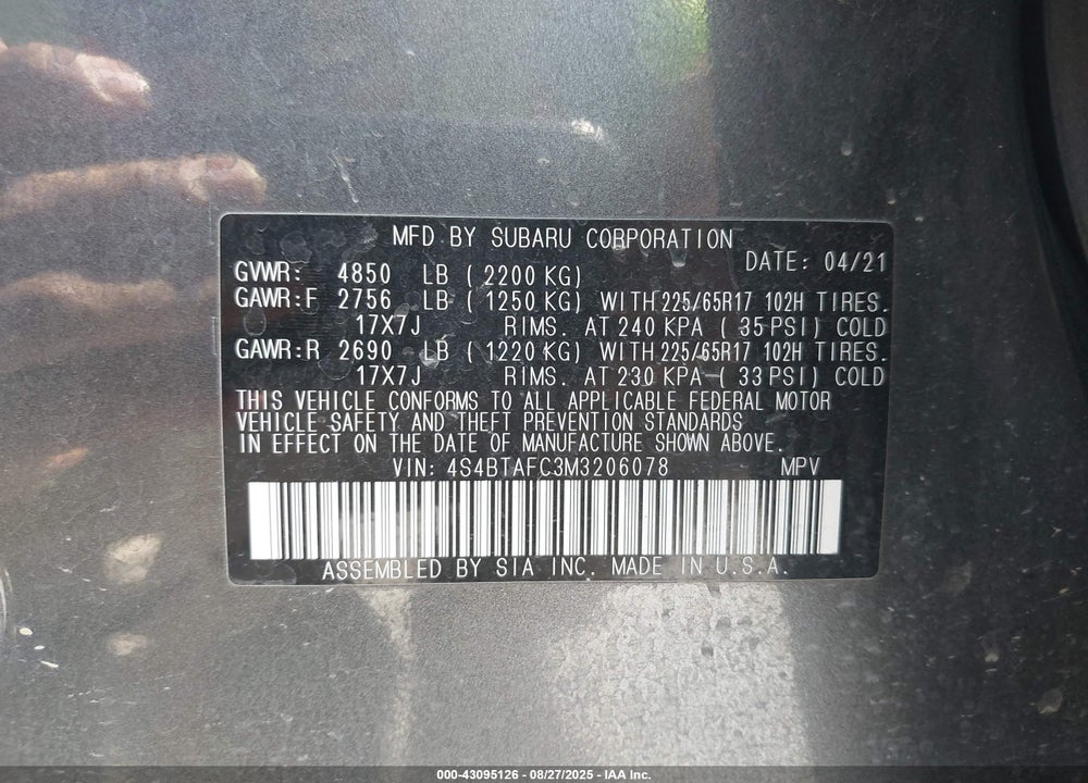 2021 SUBARU OUTBACK VIN: 4S4BTAFC3M3206078