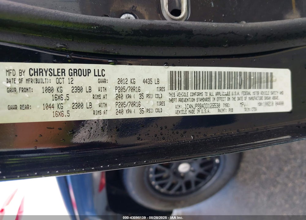 2013 JEEP PATRIOT VIN: 1C4NJPBB4DD125530