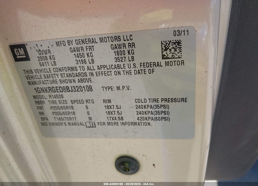 2011 CHEVROLET TRAVERSE VIN: 1GNKRGED8BJ320108