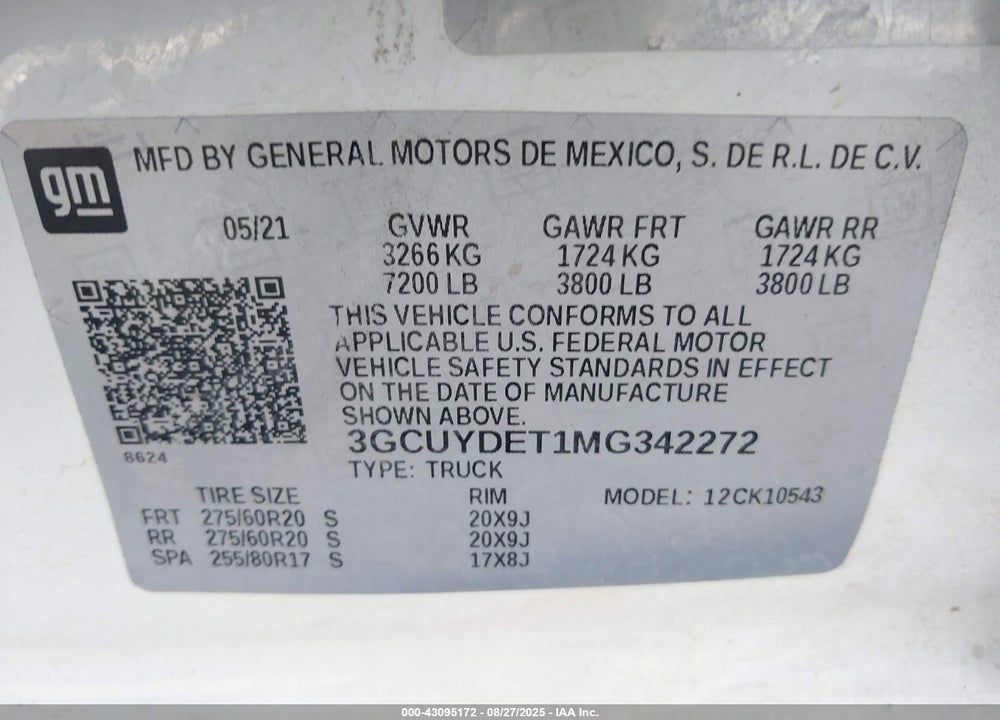 2021 CHEVROLET SILVERADO 1500 VIN: 3GCUYDET1MG342272