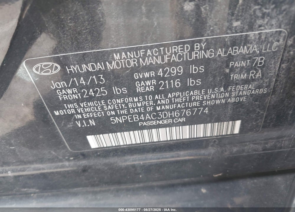 2013 HYUNDAI SONATA GLS VIN: 5NPEB4AC3DH676774