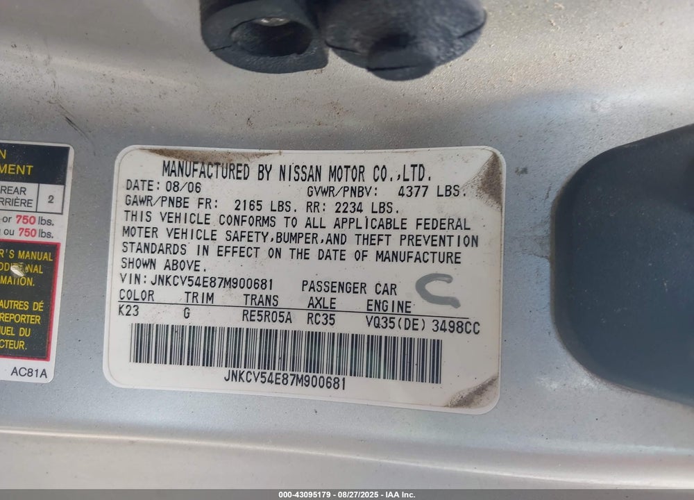 2007 INFINITI G35 VIN: JNKCV54E87M900681