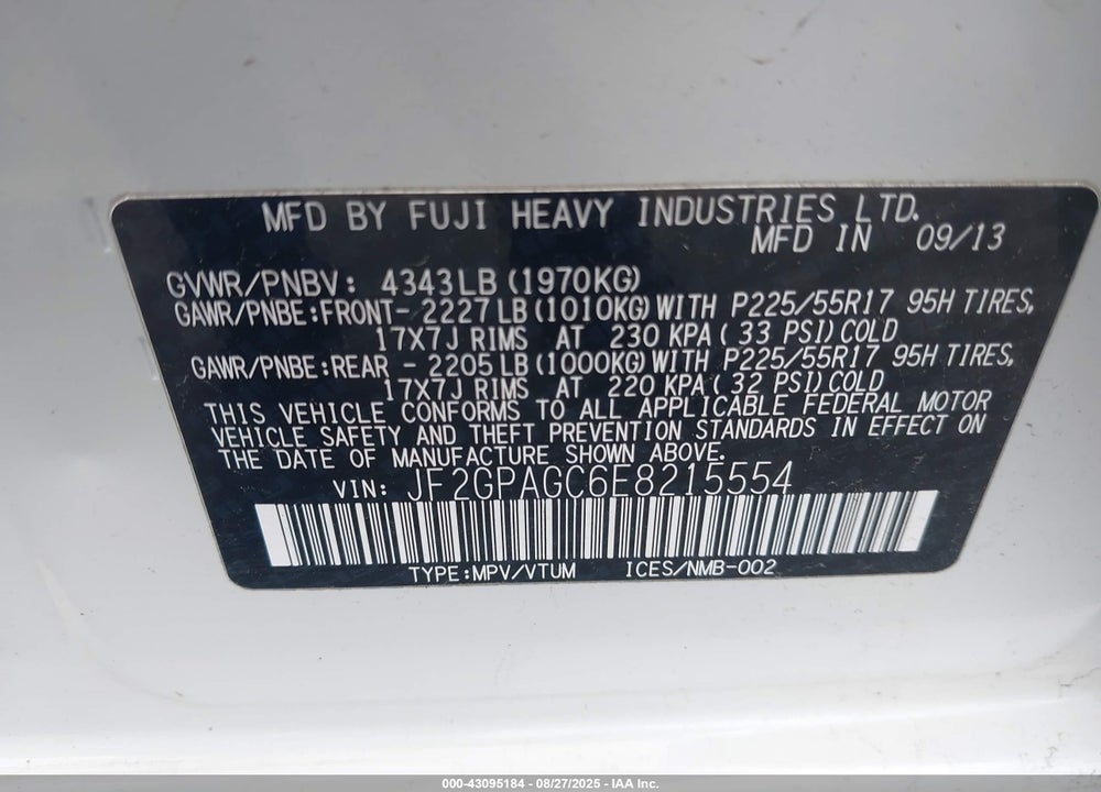 2014 SUBARU XV CROSSTREK 2.0I LIMITED VIN: JF2GPAGC6E8215554