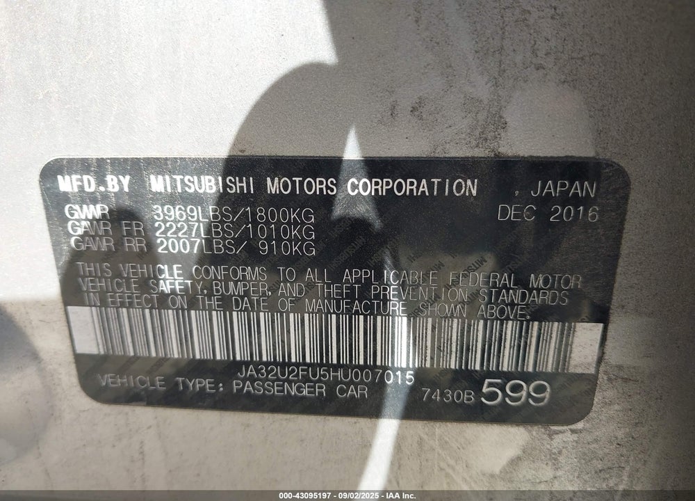 2017 MITSUBISHI LANCER VIN: JA32U2FU5HU007015