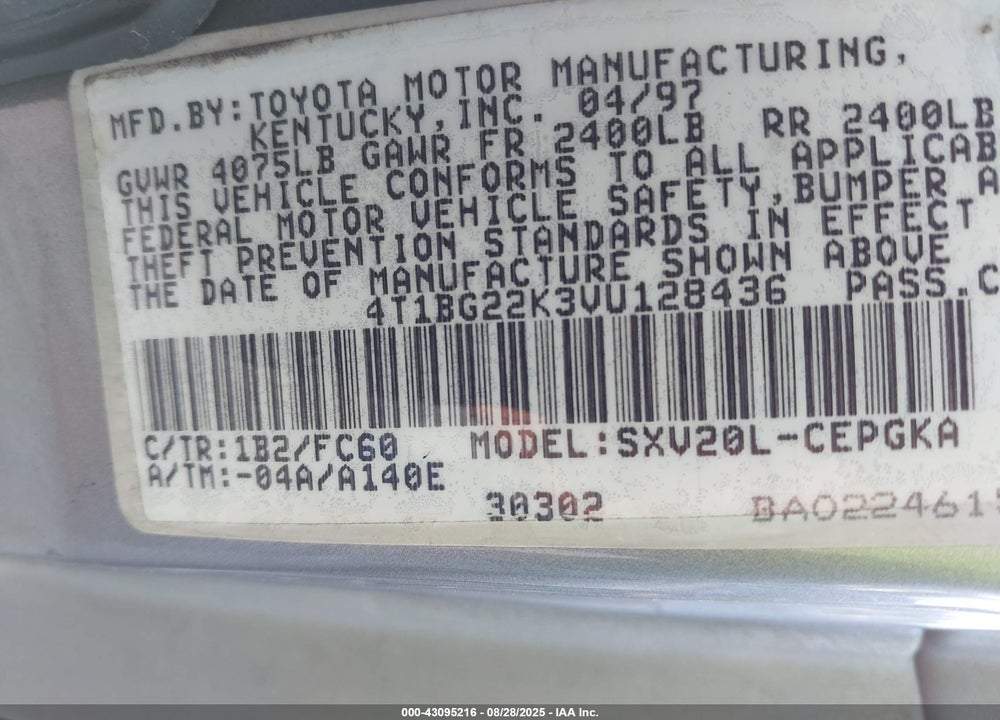 1997 TOYOTA CAMRY XLE VIN: 4T1BG22K3VU128436