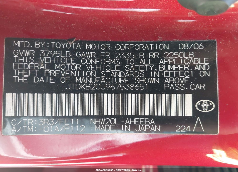 2006 TOYOTA PRIUS VIN: JTDKB20U967538651