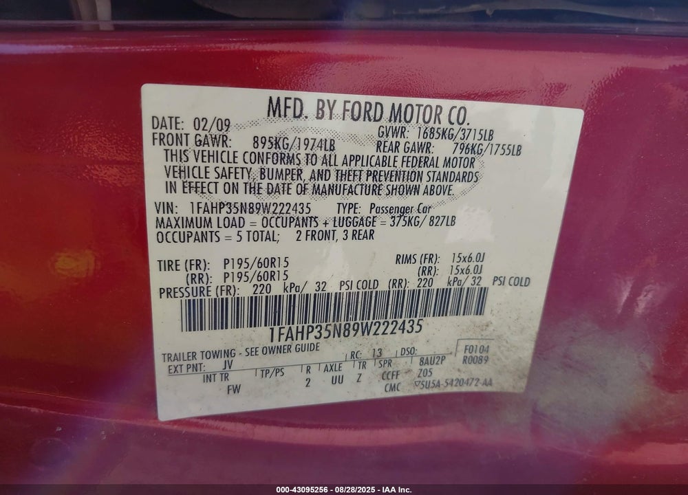 2009 FORD FOCUS VIN: 1FAHP35N89W222435