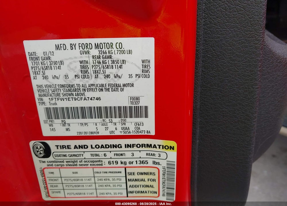 2012 FORD F-150 VIN: 1FTFW1ET9CFA74746