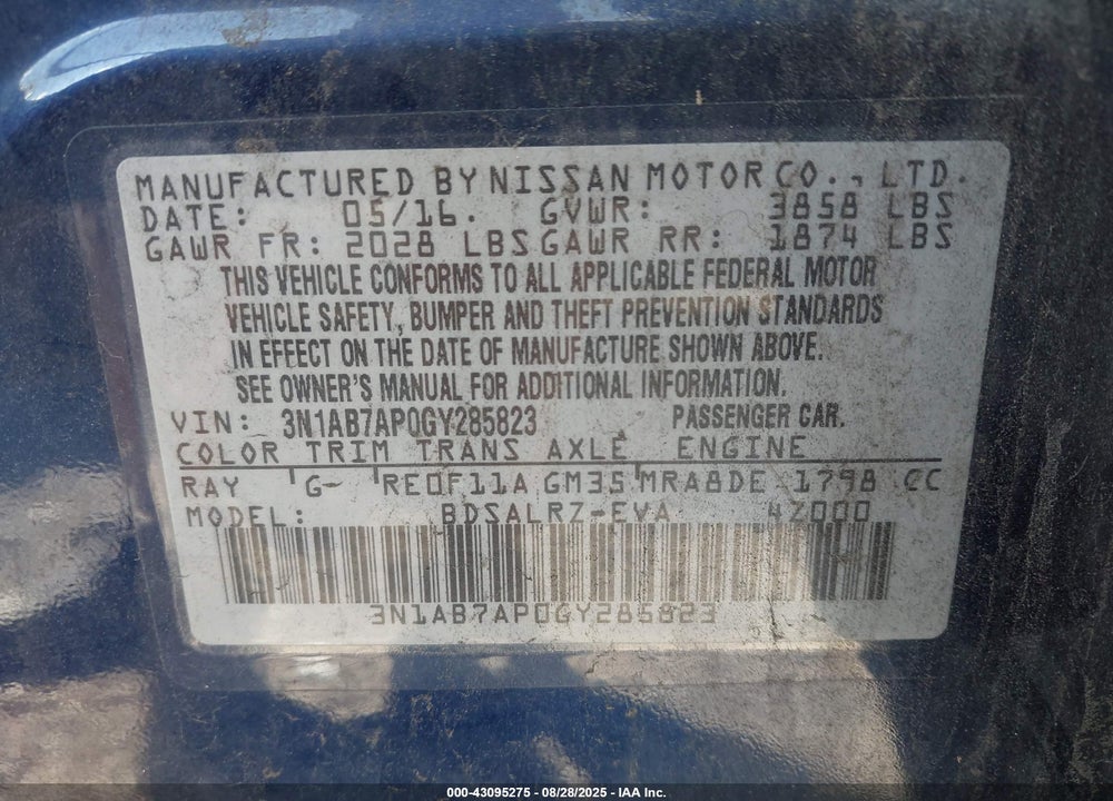 2016 NISSAN SENTRA VIN: 3N1AB7AP0GY285823