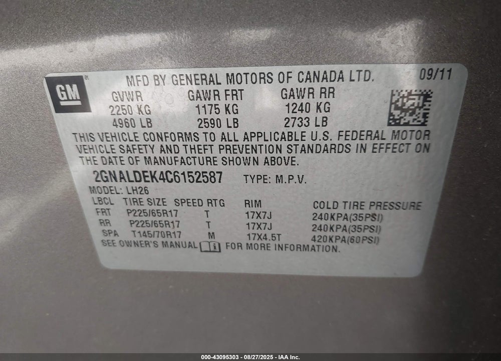 2012 CHEVROLET EQUINOX 1LT VIN: 2GNALDEK4C6152587