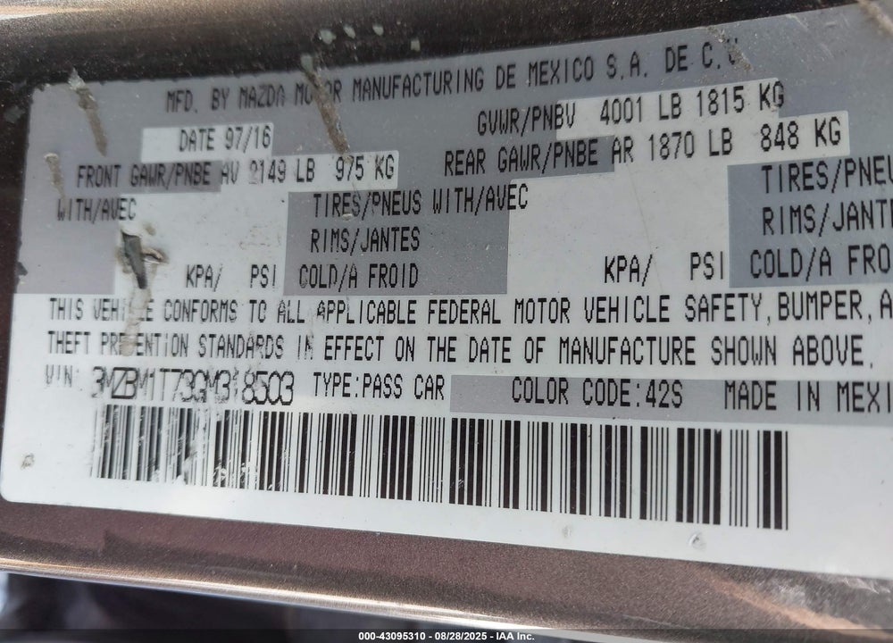 2016 MAZDA 3 VIN: 3MZBM1T73GM318503
