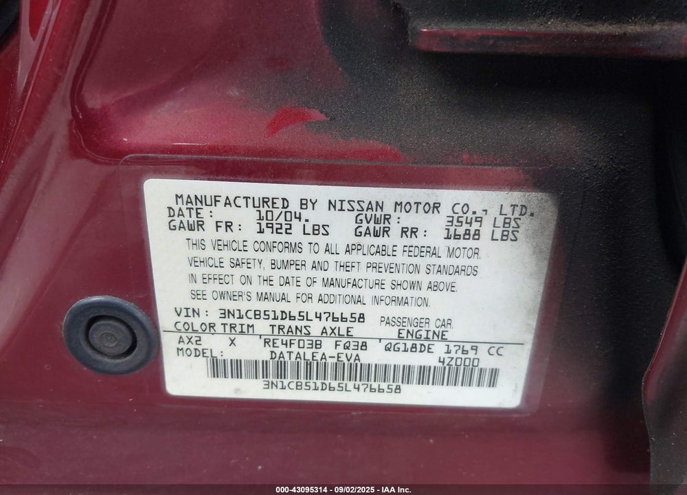 2005 NISSAN SENTRA 1.8S VIN: 3N1CB51D65L476658