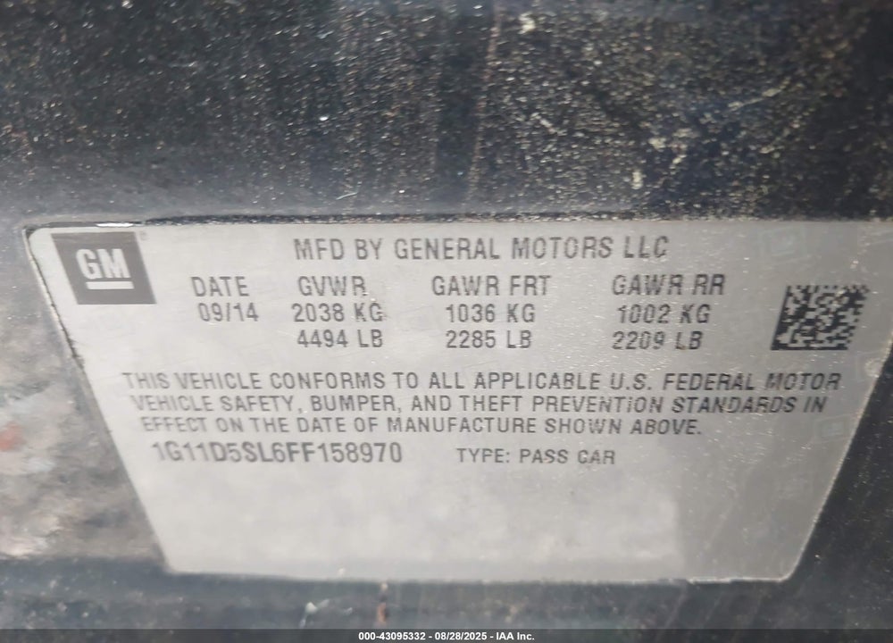 2015 CHEVROLET MALIBU VIN: 1G11D5SL6FF158970