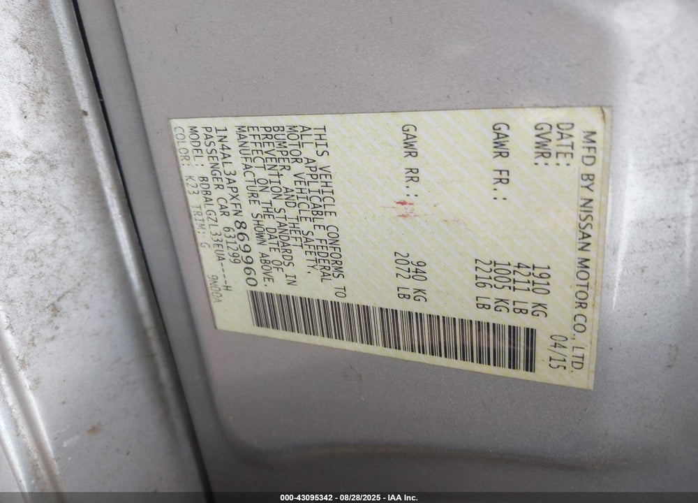 2015 NISSAN ALTIMA VIN: 1N4AL3APXFN869960