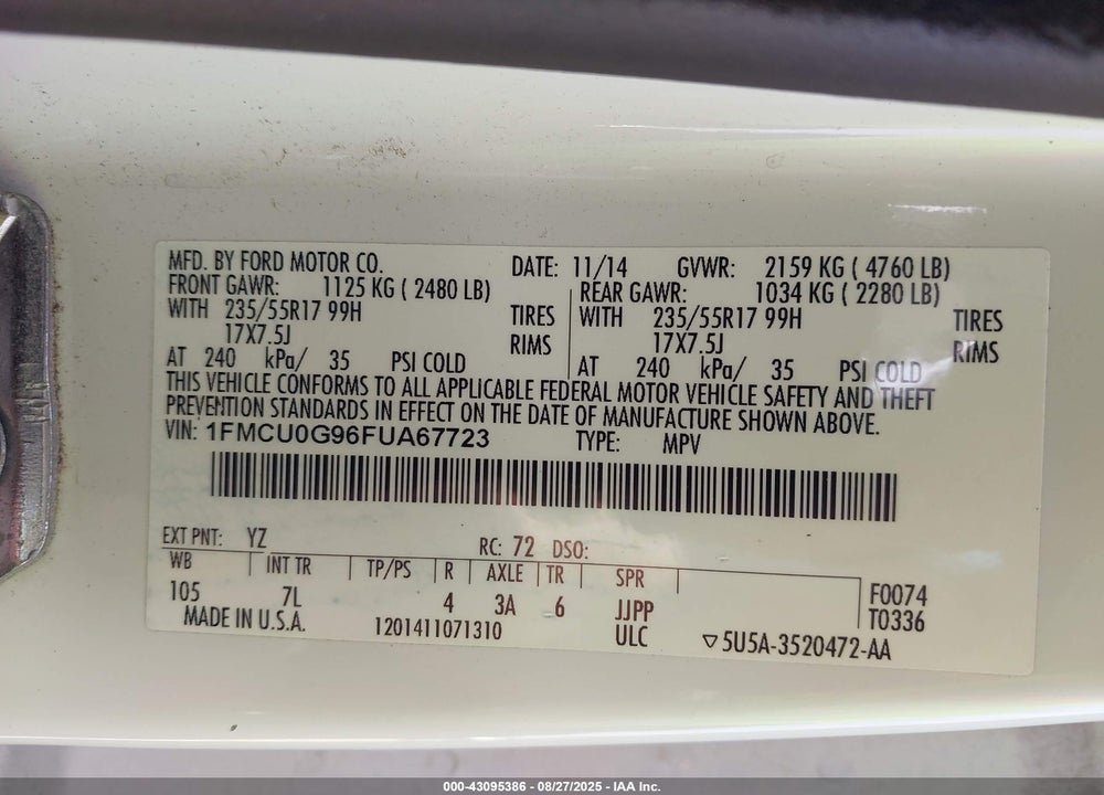 2015 FORD ESCAPE VIN: 1FMCU0G96FUA67723