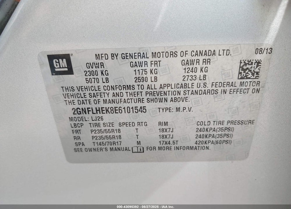 2014 CHEVROLET EQUINOX VIN: 2GNFLHEK8E6101545